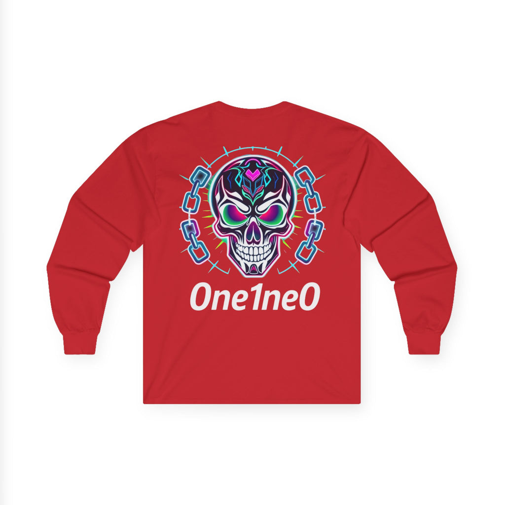 Vibrant Unisex Long Sleeve Tee with Skull Design, Graphic Shirt, Gift for Halloween, Trendy Casual Wear, Unique Street Style