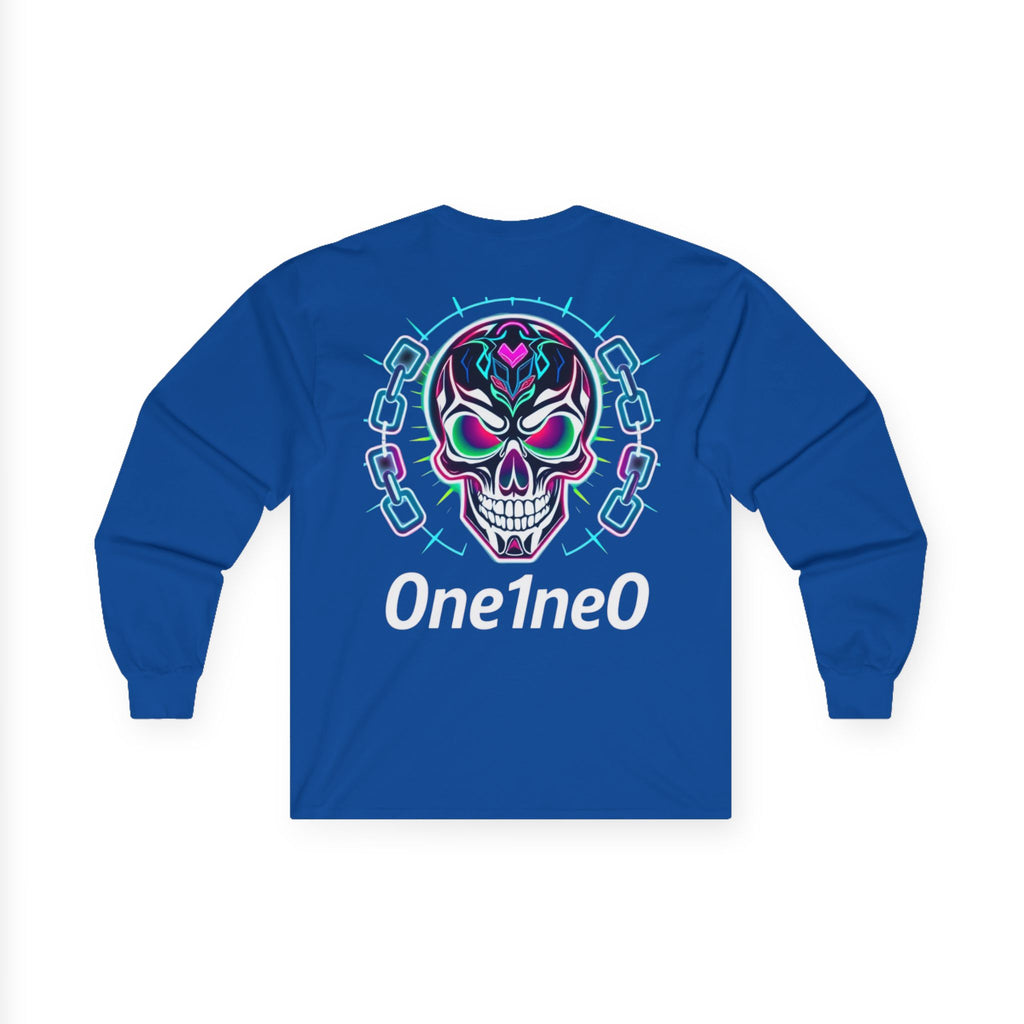 Vibrant Unisex Long Sleeve Tee with Skull Design, Graphic Shirt, Gift for Halloween, Trendy Casual Wear, Unique Street Style