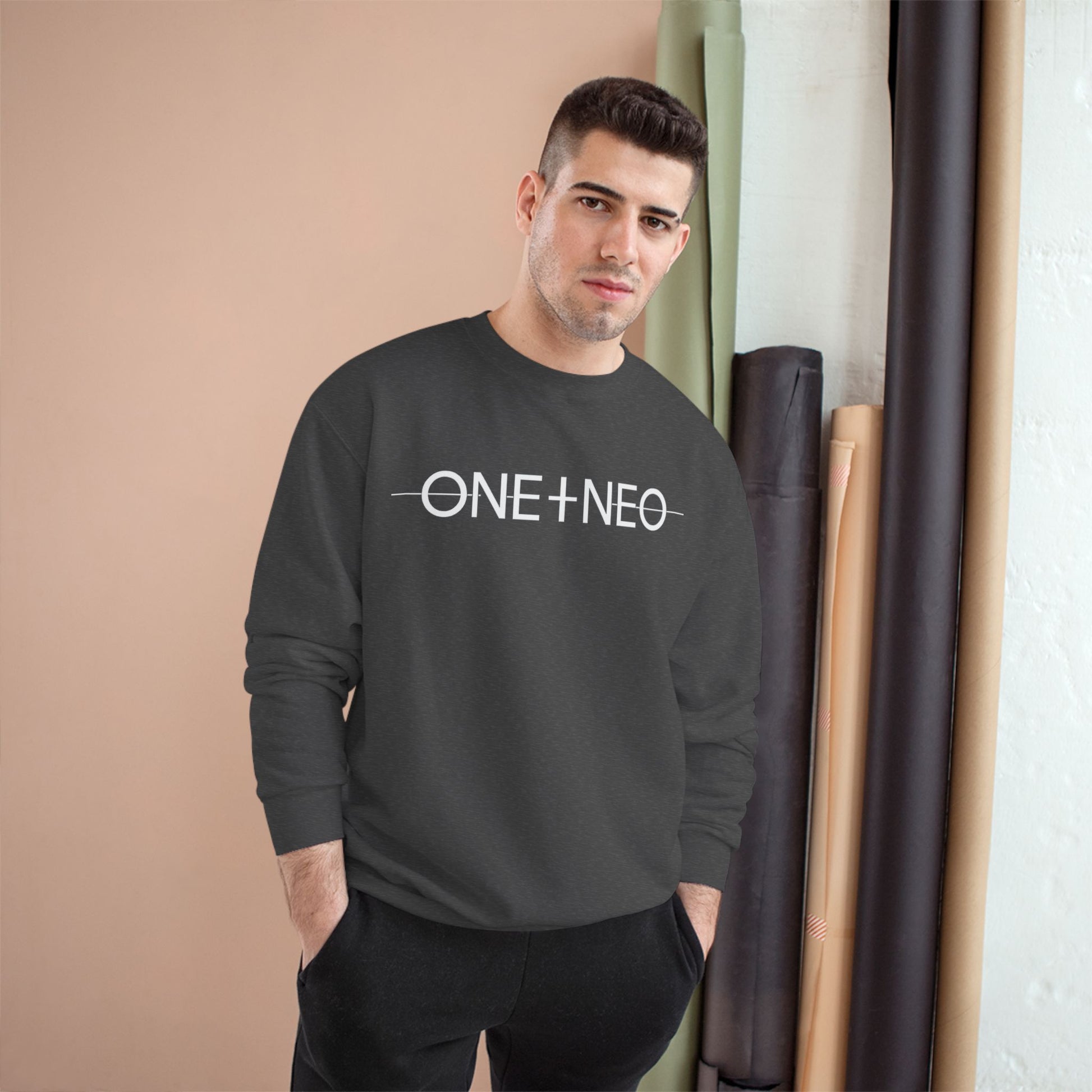 Champion Sweatshirt with 'ONE + NEO' Design, Cozy Gift for Riders, Perfect for Casual Outings, Unisex Fashion, Comfortable Layering