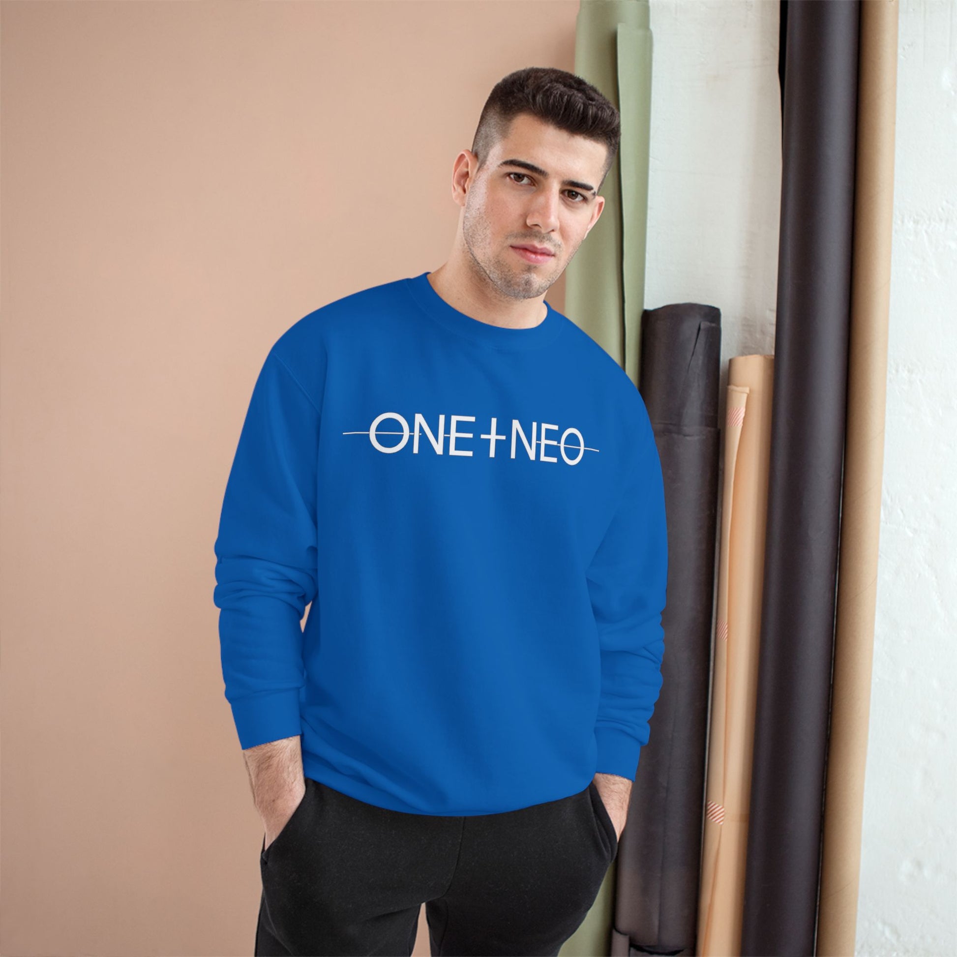 Champion Sweatshirt with 'ONE + NEO' Design, Cozy Gift for Riders, Perfect for Casual Outings, Unisex Fashion, Comfortable Layering