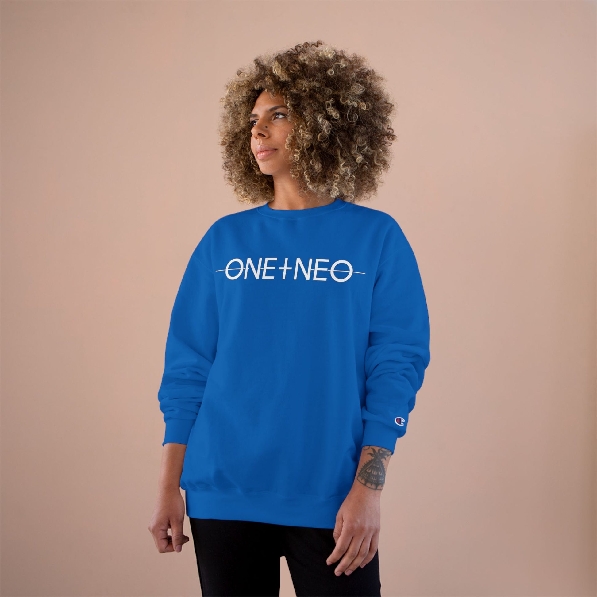 Champion Sweatshirt with 'ONE + NEO' Design, Cozy Gift for Riders, Perfect for Casual Outings, Unisex Fashion, Comfortable Layering