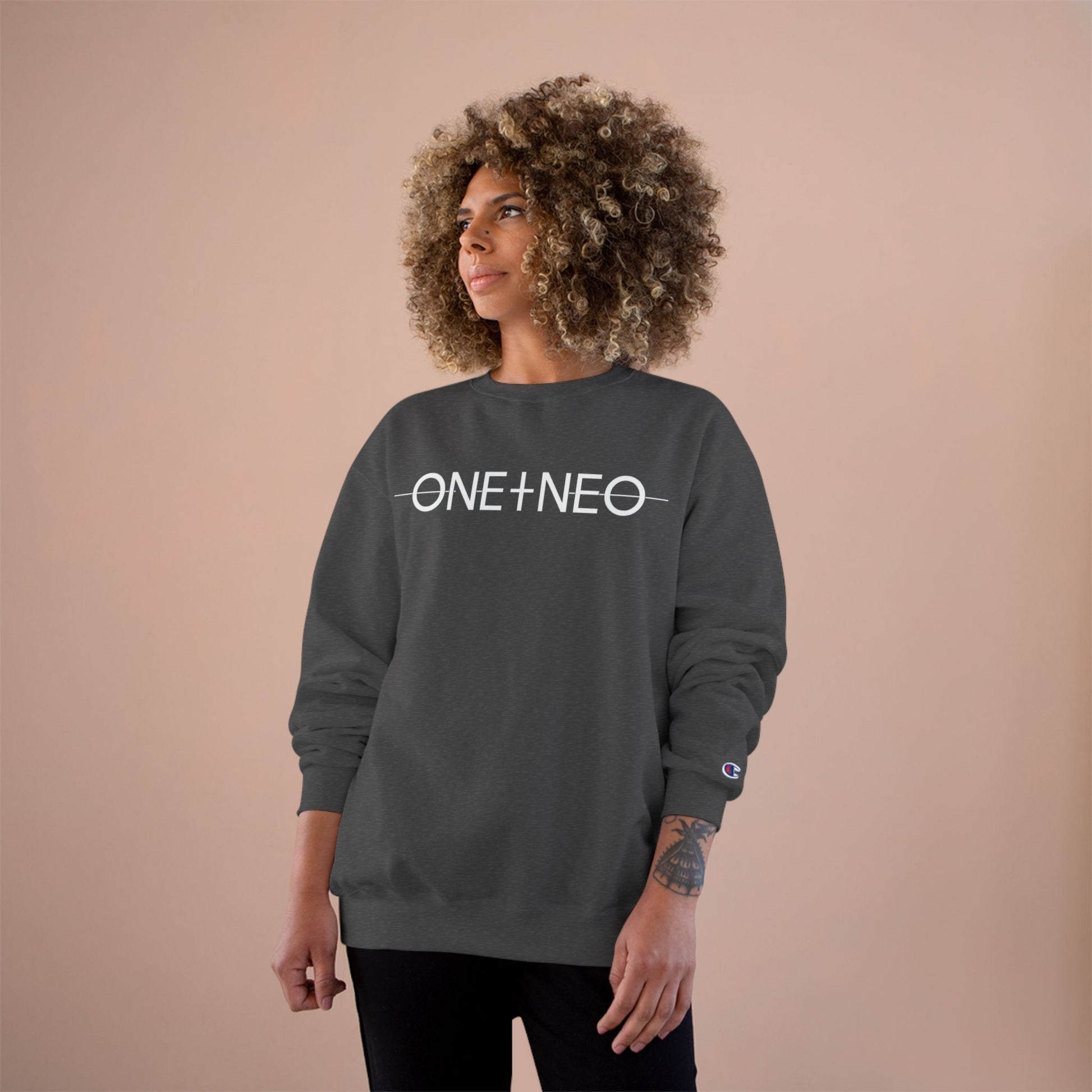 Champion Sweatshirt with 'ONE + NEO' Design, Cozy Gift for Riders, Perfect for Casual Outings, Unisex Fashion, Comfortable Layering