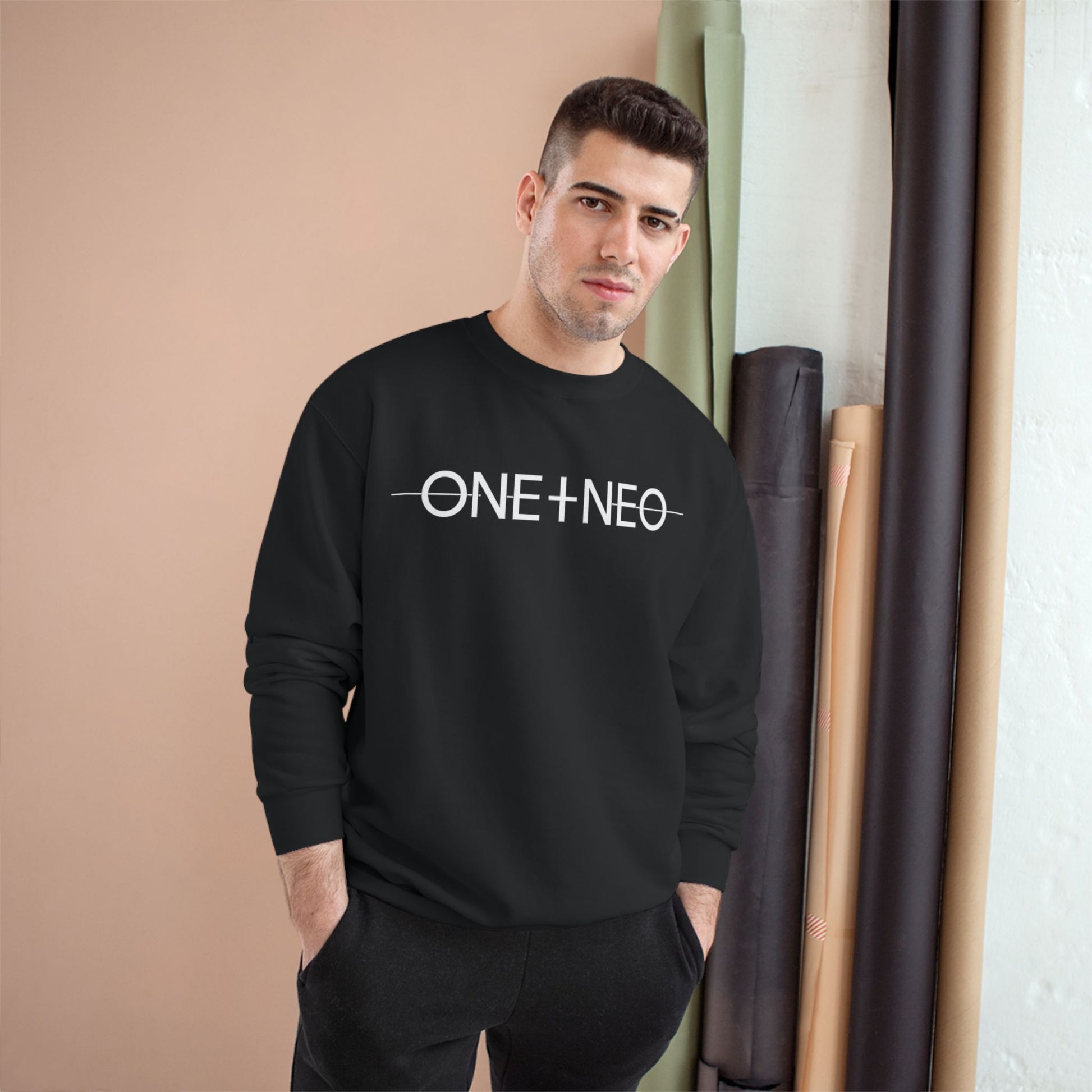 Champion Sweatshirt with 'ONE + NEO' Design, Cozy Gift for Riders, Perfect for Casual Outings, Unisex Fashion, Comfortable Layering